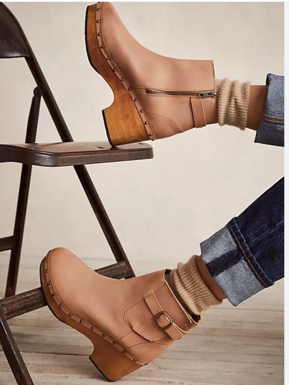 Free People CROSBY Leather & Wood Clog Boot Jodhpurs in Natural size 39 9